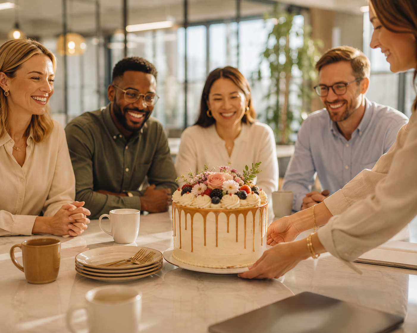 Office team celebrating a colleague's birthday around a cake on a meeting table
